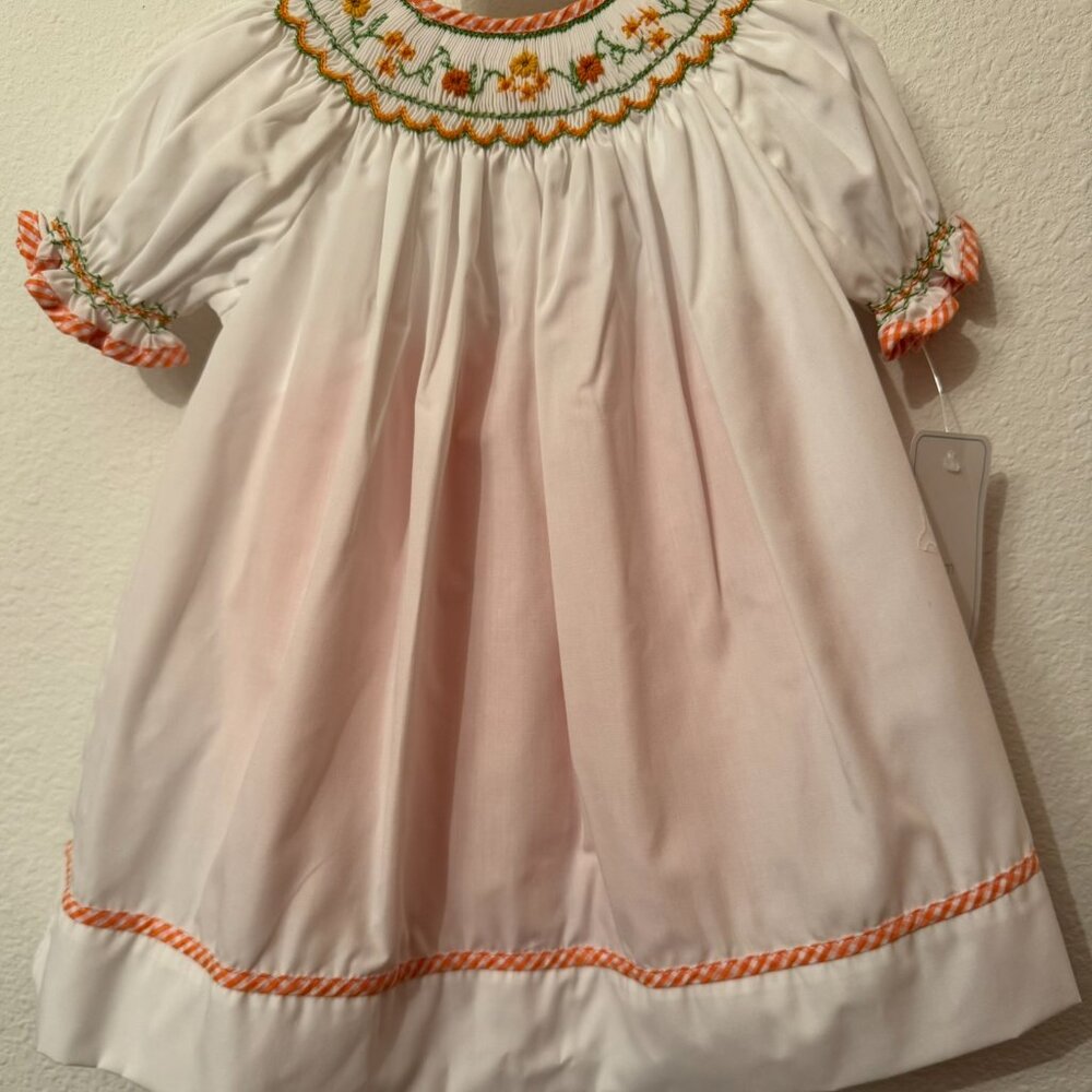 Petit Ami White Orange Harvest Smocked Bishop Dress Bloomer Set 9 Months